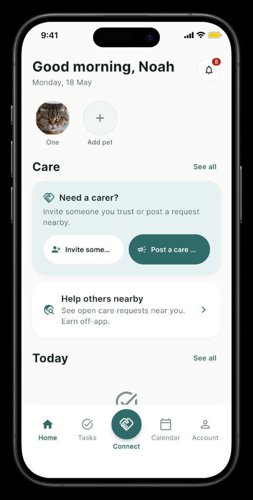 Petchecka home screen with pets, care actions, and today's tasks
