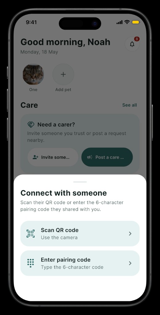 Petchecka connect sheet: scan a QR code or enter a 6-character pairing code