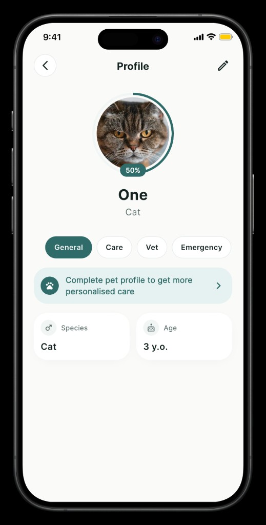 Petchecka pet profile with species, age, and care tabs